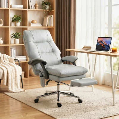 HOMCOM Massage Office Chair 6-Point Vibration Faux Leather, Light Gray