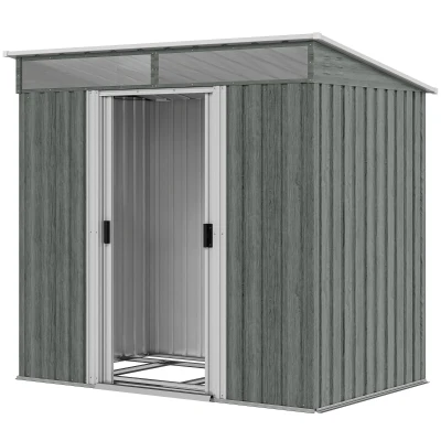 Outsunny 6.5x4FT Galvanised Metal Shed with Foundation Kit, Lockable Garden Tool Storage House with Sliding Doors, Vents, Grey