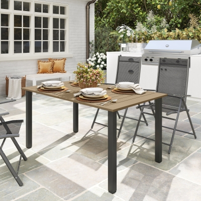 Outsunny 59" Outdoor Patio Table with Umbrella Hole, Outdoor Dining Table with Slatted Tabletop for Backyard Garden, Brown