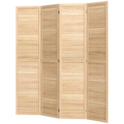 HOMCOM 4 Panel Folding Room Divider with Hooks, Natural