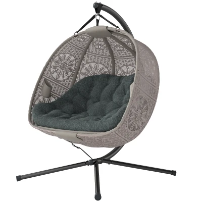 Outsunny Hanging Egg Chair with Stand, Foldable Basket Swing Chair with Removable Washable Cushion, Dark Grey