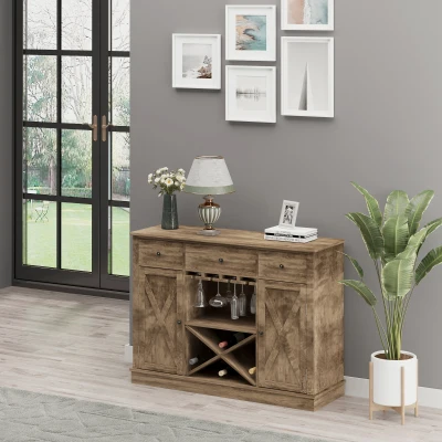 HOMCOM Farmhouse Coffee Bar Cabinet, Rustic Oak with Wine Rack