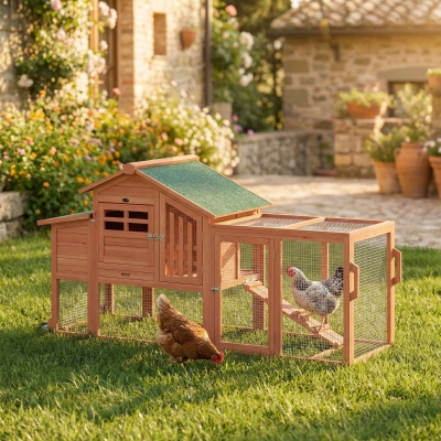 PawHut Chicken Coop with Run Mobile Wooden Hen House with Nesting Box Pull-out Tray for 1-2 Chickens Orange