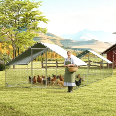 PawHut Metal Chicken Coop with Water- and UV-Protection Cover for Backyard Hen, Duck, Rabbit, 32.8' x 9.8' x 6.4'