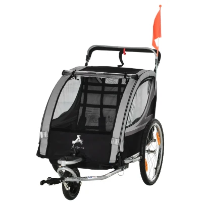 Aosom 2 Seat Bike Trailer for Kids 2-in-1 Baby Stroller with Handbrake, Rubber Wheels, 5 Point Harness, Reflectors, Grey