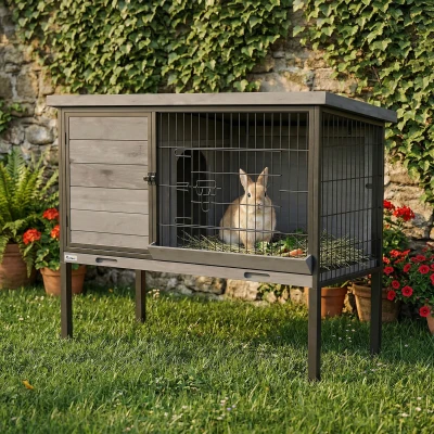 PawHut Elevated Wooden Rabbit Hutch with Pull-out Tray, Outdoor
