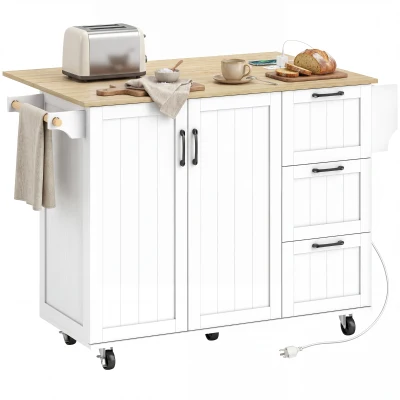 HOMCOM Kitchen Island with Drop Leaf, Rolling Kitchen Cart with Power Outlet, Cabinet, 3 Drawers, Spice Rack, Towel Bar, White