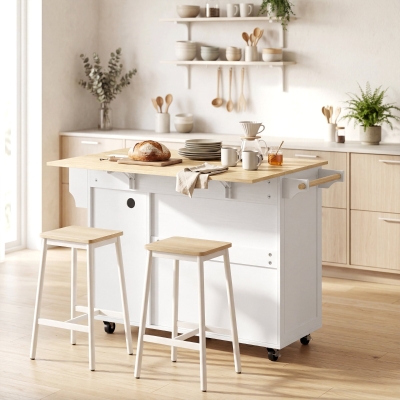 HOMCOM Kitchen Island with Drop Leaf, Rolling Kitchen Cart with Power Outlet, Cabinet, 3 Drawers, Spice Rack, Towel Bar, White