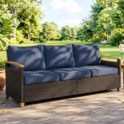 Outsunny 3-Seater Wicker Patio Sofa, Deep Seat, Cushions, Dark Blue