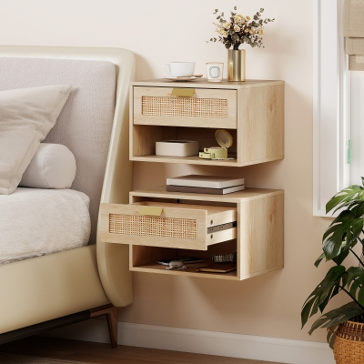 HOMCOM Floating Bedside Table Set of 2, Wall Mount Nordic Nightstands with Storage Drawer and Open Shelf for Bedroom, Oak