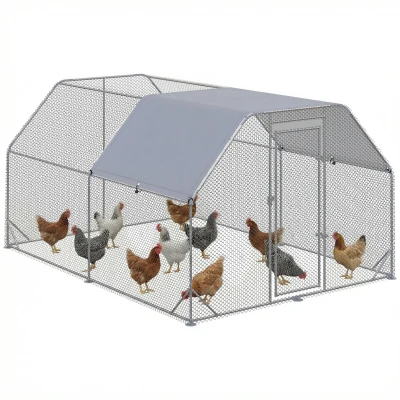 PawHut Chicken Run, Galvanized Large Metal Chicken Coop Cage, Walk-in Enclosure Poultry Hen Run House Playpen Rabbit Hutch with Flat Roof, Cover, 9.2' x 12.5' x 6.5', Silver