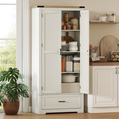 HOMCOM 69" Tall Farmhouse Kitchen Pantry Cabinet with 2 Doors, Drawer and Adjustable Shelves, Cream White