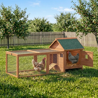 PawHut 72" Chicken Coop, Wooden Hen House for 2 Chickens, Poultry Cage with Run, Nesting Box, Removable Tray, Waterproof Roof
