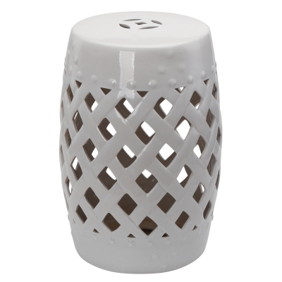 Outsunny 18" Ceramic Garden Stool with Woven Lattice Design, Indoor & Outdoor Decorative Accent Stool, White
