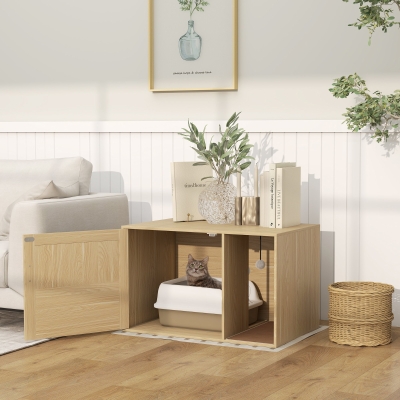 PawHut Cat Litter Box Enclosure, Cat Washroom End Side Table with Rattan Door, Scratching Pad, Non-slip Foot Pads, Oak