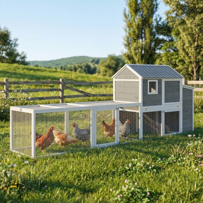 PawHut Large Chicken Coop, 134"L Wooden Chicken House with Run, Nesting Box, Slide-Out Tray, Waterproof Roof and Ramp