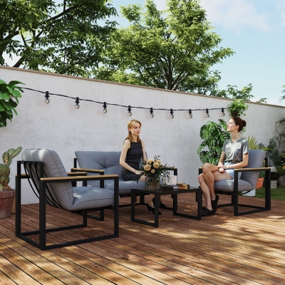 Outsunny 4 Piece Patio Furniture Set, Outdoor Loveseat Sofa Set with Thick Cushions and Coffee Table, Light Grey
