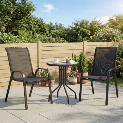 Outsunny 3 Pieces Bistro Set, Small Patio Furniture Set with Stackable Mesh Chairs, Glass Table for Garden, Balcony, Black