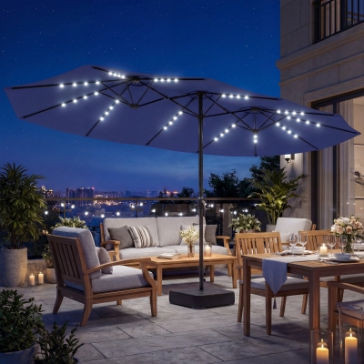 Outsunny Double-sided Patio Umbrella with Base Included & 48 LED Lights 15ft Dark Blue