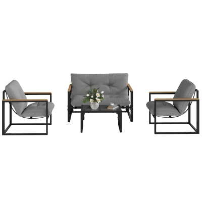 Outsunny 4 Piece Patio Furniture Set, Outdoor Loveseat Sofa Set with Thick Cushions and Coffee Table, Light Grey