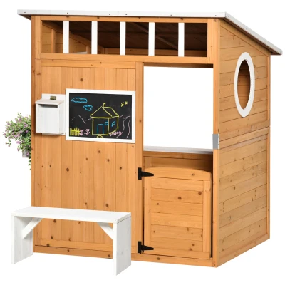 Outsunny Wooden Outdoor Playhouse for Kids with Working Door, Windows, Mailbox, Bench, Flowers Box and Blackboard, Yellow