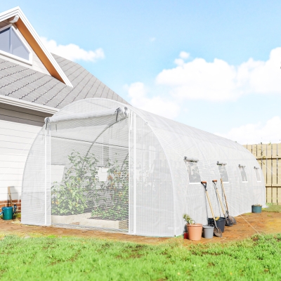 Outsunny Walk-in Tunnel Greenhouse with 2 Support Rods, Mesh Door, Plant Hot House with PE Cover, 20'x10'x7', White