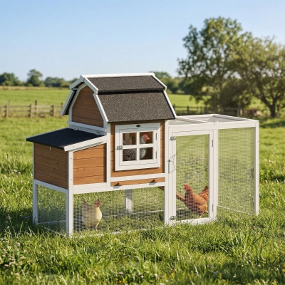 PawHut 71" Chicken Coop for 3 Chickens, Wooden Hen House with Run, Removable Tray, Nesting Box, Waterproof Asphalt Roof