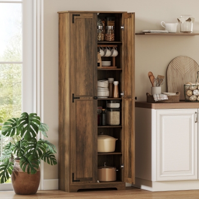 HOMCOM 67" Farmhouse Pantry Cabinet with 2 Doors, Tall Storage Cabinet with Adjustable Shelves, Brown Wood Grain