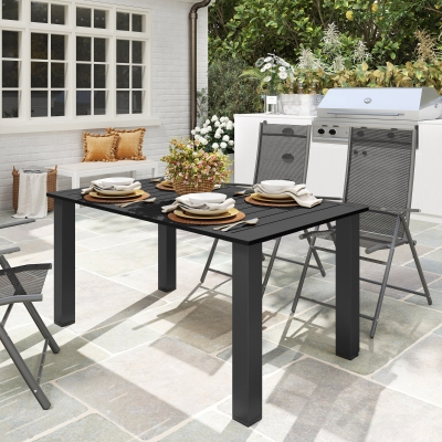 Outsunny 59" Outdoor Patio Table with Umbrella Hole, Outdoor Dining Table with Slatted Tabletop for Backyard Garden, Black