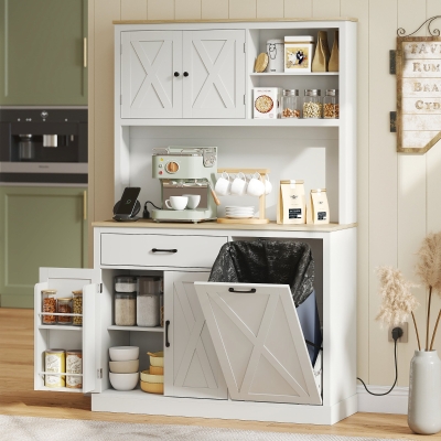 HOMCOM 69" Pantry Cabinet with Charging Station, Kitchen Cabinet with Microwave Stand, Tilt-Out Trash Can Cabinet, White