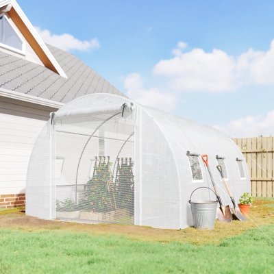 Outsunny Walk-in Tunnel Greenhouse, Plant Hot House w/ Support Rods, Roll-up Mesh Door, Mesh Windows, 13'x9.8'x6.6', White