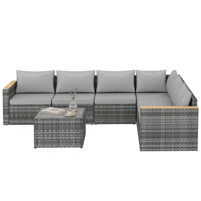 Outsunny 7 Piece Patio Furniture Set, L-Shaped Wicker Outdoor Sectional Sofa with Faux Wood Coffee Table, Cushions, Light Grey