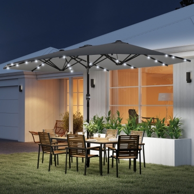 Outsunny 173" Double-Sided Sun Umbrella Garden Parasol Patio Sun Shade Outdoor with LED Solar Light, No Base Included, Dark Gre