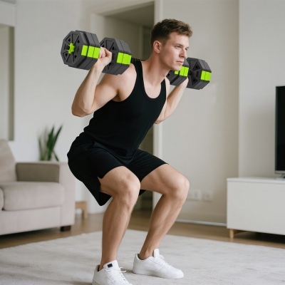 Soozier 6-in-1 Adjustable Dumbbell Set, Used as Kettlebell, Barbell, Dumbbell, Push-Up Stand, 66lbs Free Weights Set, Green