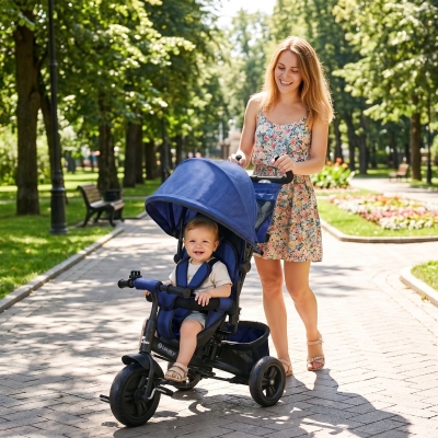 Qaba 6 in 1 Tricycle for Toddler 1-5 Years with Parent-Push Handle, Dark Blue