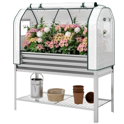 Outsunny Galvanized Raised Garden Bed with Greenhouse Cover, Silver