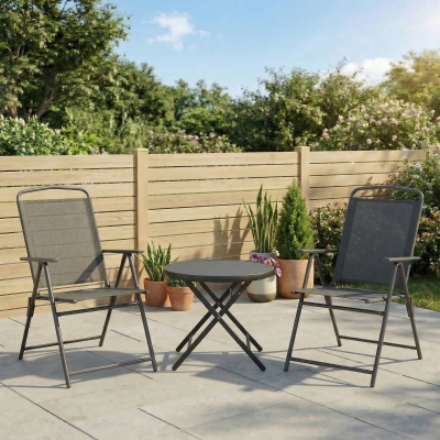 Outsunny 3 Pieces Bistro Set, Foldable Patio Furniture Set with Mesh Chairs, Glass Table for Garden, Balcony, Charcoal Grey