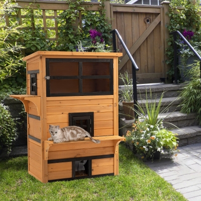 PawHut Cat House, Outdoor 3-Tier Kitty Shelter, Weather Resistant, w/ Escape Door