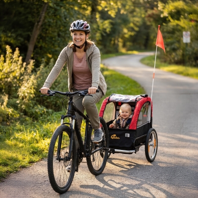 Qaba Bike Trailer for Kids, Baby Bicycle Trailer with 5-Point Harness, 16" Rubber Wheels, Storage Bag, for 18+ Months, Red