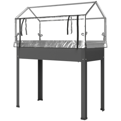 Outsunny Elevated Garden Bed with Greenhouse Cover, Dark Gray