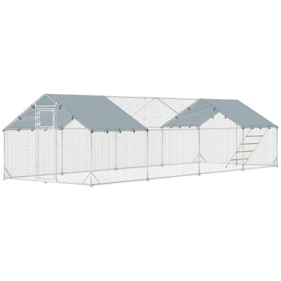PawHut Large Metal Chicken Run with Waterproof & UV-Resistant Cover, Feeding Door, Hanging Feeder, Perch, for 24-30 Chickens
