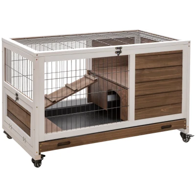 PawHut Wooden Indoor Rabbit Hutch Elevated Bunny Cage Habitat with Enclosed Run with Wheels, Ideal for Rabbits and Guinea Pigs, Brown