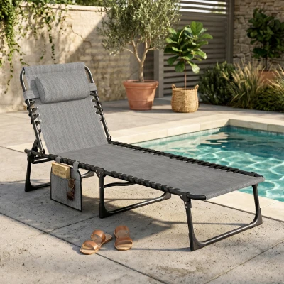 Outsunny Portable Reclining Chaise Lounge Chair, Adjustable Gray