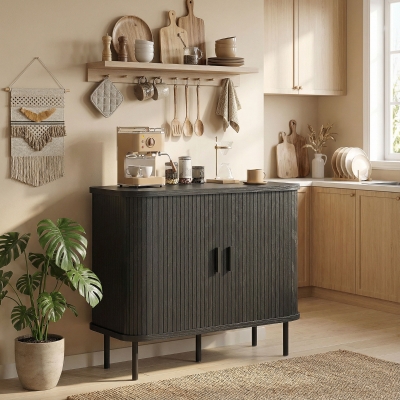 HOMCOM 35.4" Sideboard Buffet Cabinet with Storage, Nordic Coffee Bar Cabinet with Slatted Tambour Doors and Metal Legs, Black