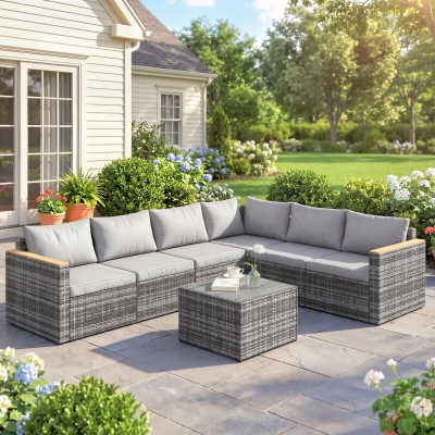 Outsunny 7 Piece Patio Furniture Set, L-Shaped Wicker Outdoor Sectional Sofa with Faux Wood Coffee Table, Cushions, Light Grey