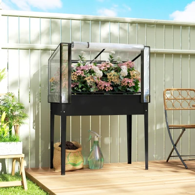 Outsunny Raised Metal Garden Bed with Flip-Up Greenhouse Cover, Black