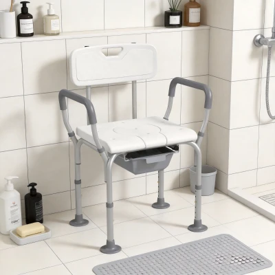 HOMCOM 3-in-1 Shower Chair, Height Adjustable, White