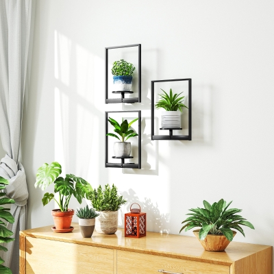 Outsunny 3 Pack Wall Planters for Indoor Plants, Wall-Mounted Metal Plant Stand Shelves, Picture Frame Wall Decor Hanger