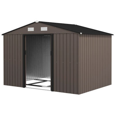 Outsunny 9.1'x6.4'x6.3' Garden Storage Shed w/ Foundation Kit Metal Tool Storage House w/ Double Doors Brown