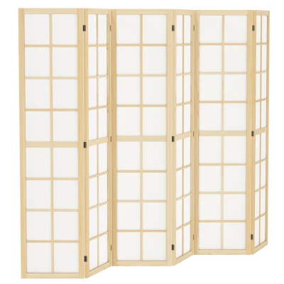 HOMCOM 6 Panel Room Divider, 5.6 ft Folding Wall Divider Room Partition for Home Office, Bedroom, Living Room, Natural Wood